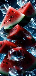 Watermelon slices with ice cubes in vibrant splashes.