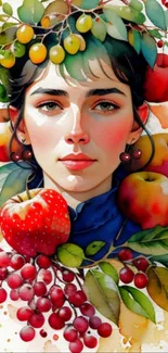 Artistic portrait with colorful fruits and leaves, vibrant and eye-catching.