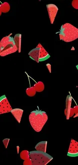 Colorful fruit pattern on black background mobile wallpaper.