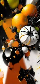 Fruity abstract wallpaper featuring oranges, berries, and colorful designs.