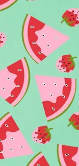 Colorful watermelon and strawberry pattern on a mint green background.