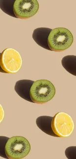 Aesthetic wallpaper of kiwi and lemon slices on a tan background.