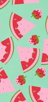 Colorful watermelon and strawberry pattern on mint green background.