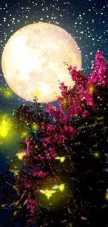 Full moon brightens pink blossoms under a starry sky with fireflies.