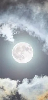 Wallpaper of a full moon amidst clouds in a serene, grayish-blue night sky.