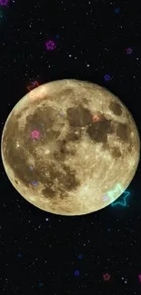 Full moon against a backdrop of stars in a dark night sky.