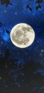 Full moon with stars in a dark blue night sky.