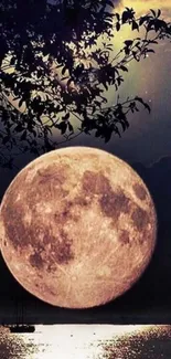 Full moon rising over a serene, moonlit lake with silhouetted trees.