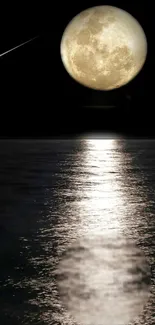 Full moon reflecting over ocean at night.