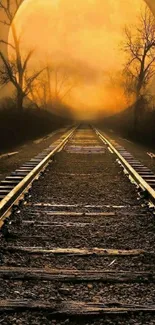 Deserted railway under glowing full moon.