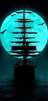 Silhouette of a ship against a cyan full moon on the ocean.