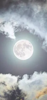 Glowing full moon amidst swirling clouds in a serene nighttime sky.