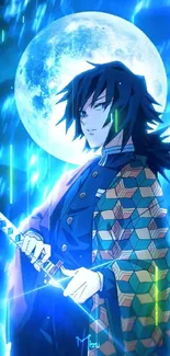 Anime swordsman with moonlit blue sky.