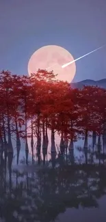 Full moon over red trees reflected in a serene lake under a tranquil night sky.