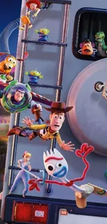 Animated characters climbing a truck in a colorful scene.