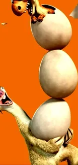 Animated character juggling eggs on an orange background.