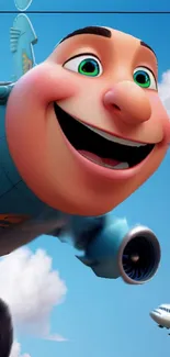 Smiling cartoon airplane flying in a vibrant blue sky with fluffy clouds.