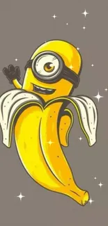 Funny cartoon banana character on a taupe background.