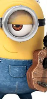 Yellow cartoon character with denim overalls and a wooden guitar.