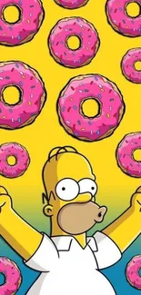 Cartoon character with pink donuts on a yellow background mobile wallpaper.