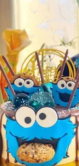 Blue Cookie Monster cake with decorative elements for fun celebrations.