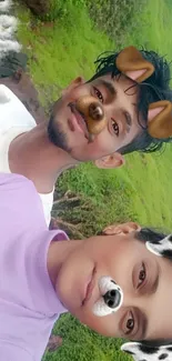 Cheerful selfie with dog filters in a green landscape.