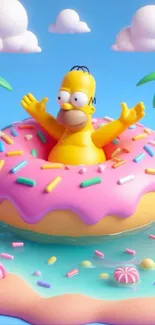 Cartoon character in donut float on a vibrant beach.