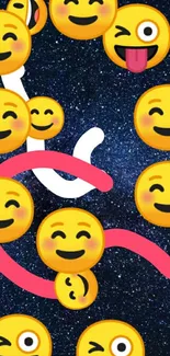 Colorful emoji and galaxy stars wallpaper for mobile screen.