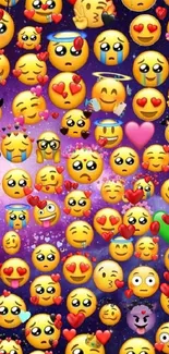 Colorful emoji galaxy wallpaper with hearts and expressive faces.