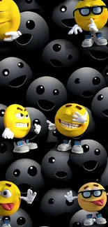 Colorful emoji wallpaper with fun expressions on a dark background.