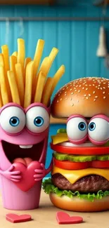 Cartoon burger and fries with eyes on a colorful background.