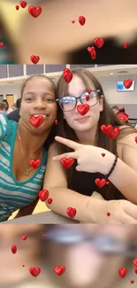 Two friends laughing with animated hearts overlay.