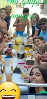 A lively group of friends dining outdoors, smiling and enjoying.