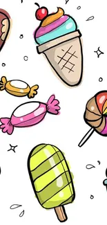 Colorful cartoon ice cream and candy on mobile wallpaper.