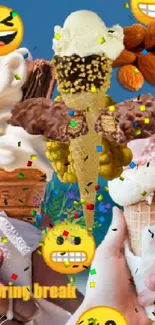 Vibrant wallpaper of ice cream cones with fun emoji faces on a beach background.