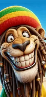 Smiling cartoon lion with dreadlocks on a beach