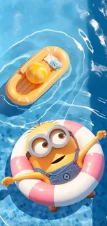 Minion floating in a pool with a colorful ring, enjoying a sunny day.