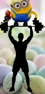 Minion on weights over silhouette with colorful eggs.