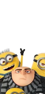 Cartoon minions with leader in fun wallpaper.