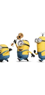 Three playful minions on a white background.