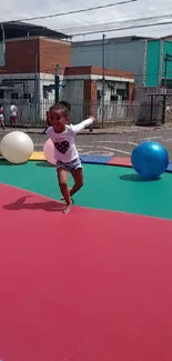 Child playing on colorful playground mat with urban backdrop.