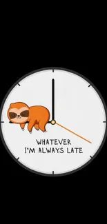 Sloth on a clock with humorous quote on phone wallpaper.