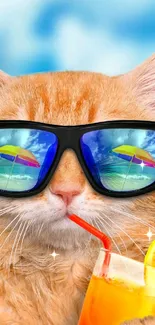 Cat with sunglasses and drink, enjoying a sunny beach day.