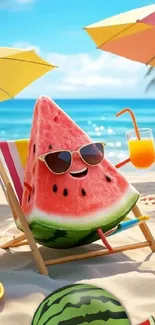 Cartoon watermelon relaxing at tropical beach.