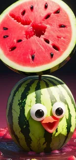 Playful watermelon with a smile, googly eyes, and vibrant red background.