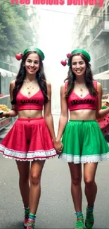 Twins in watermelon outfits walking in a colorful street market.