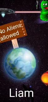 Colorful alien and spaceship theme mobile wallpaper with 'No Aliens Allowed' sign.