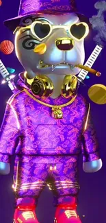 3D bear in purple attire with heart sunglasses and headphones.