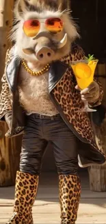 A stylish boar in leopard print enjoying a cocktail.