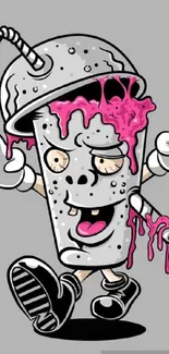 Funky drink cartoon character with pink and gray tones.